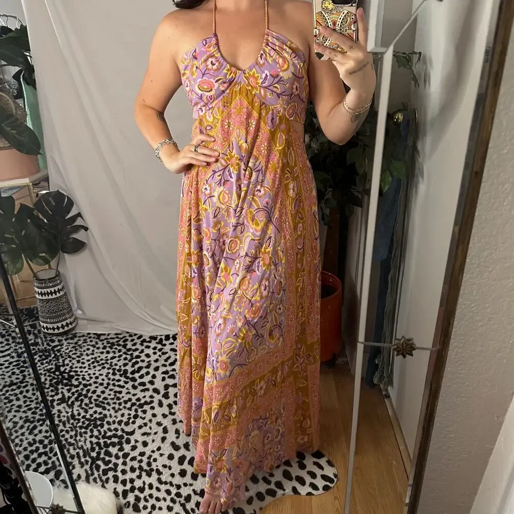 Spell & The Gypsy Lolita Floral Halter Maxi Dress Dress Orange Combo Size XS - Picture 1 of 6